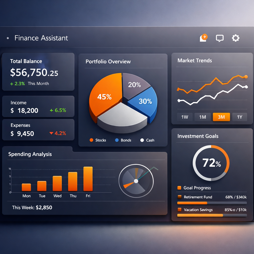 Envision a sleek modern finance assistant depicted as a sophisticated digital interface with interactive elements like charts and graphs Set against a-1