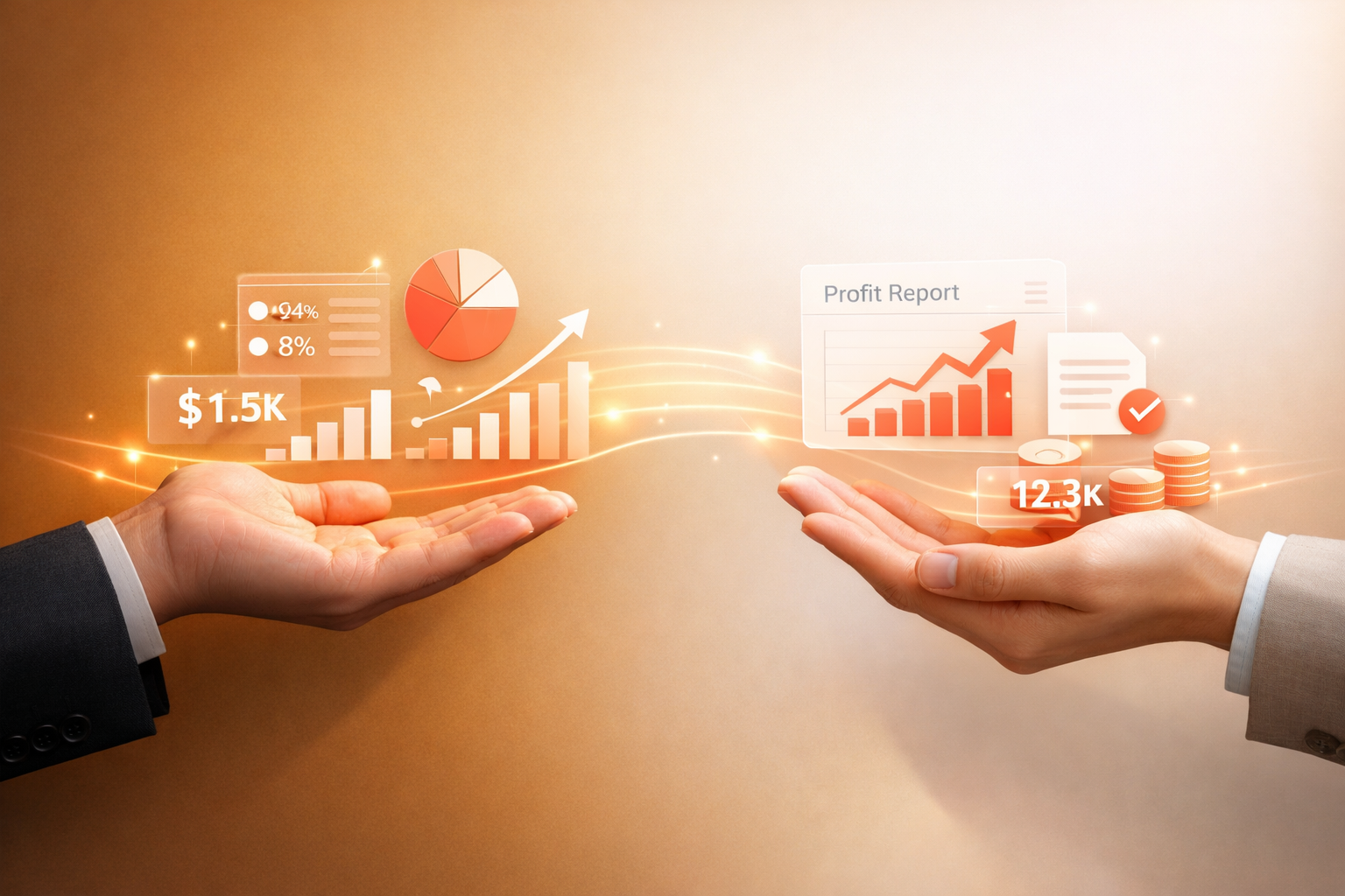 Imagine a sleek modern finance assistant represented as a sophisticated digital interface where words and data seamlessly flow from one hand to anothe-3