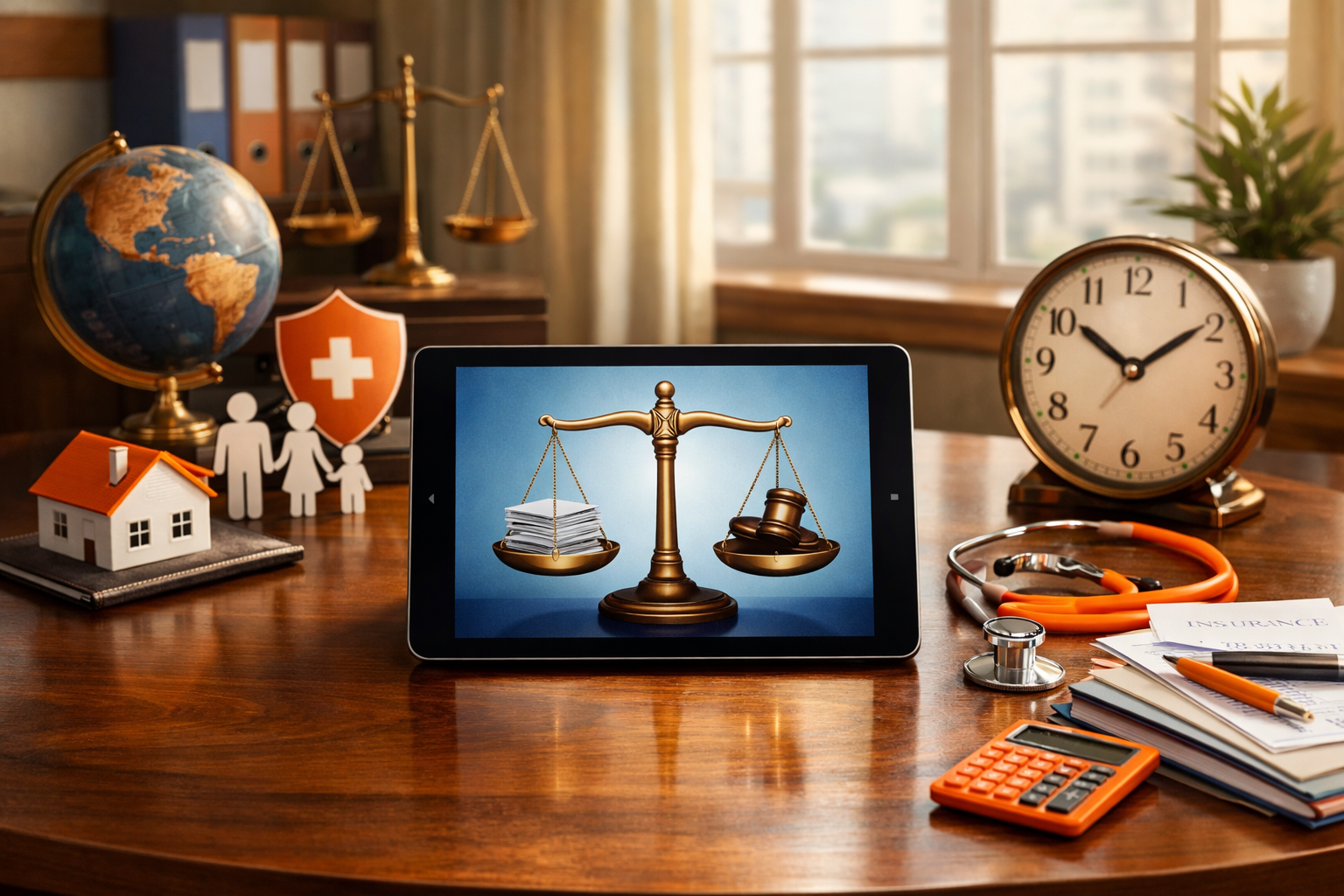 In a serene office space adorned with symbols of finance insurance and health services a sense of order prevails At the center a sleek polished wooden-1