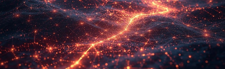 Digital landscape showing AI innovation, with glowing pathways connecting data points across a network, symbolizing broader impact and rollout, cinematic style