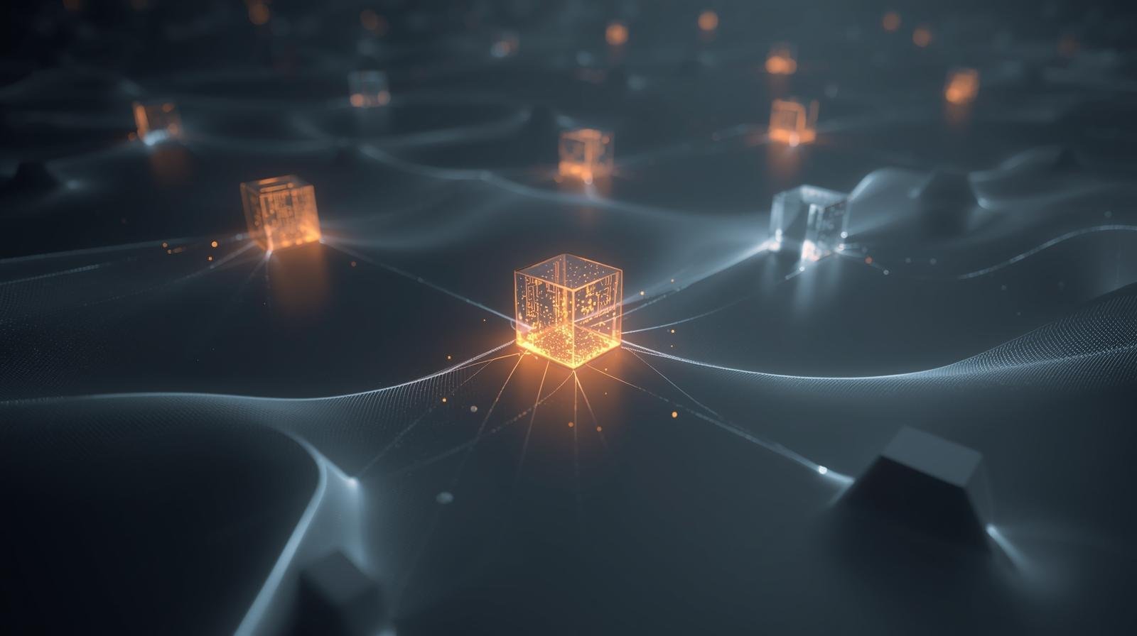 Minimal, futuristic visual of interconnected cubes or hexagons, each cube representing a knowledge base. Some cubes glow as if activated when documents are added. Flowing light lines connect them, symbolis