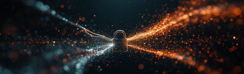 Streams of digital particles flowing through a central abstract lock shape, but splitting into multiple channels as they pass through- This represents both zero trust security and segmentation by departmen-1